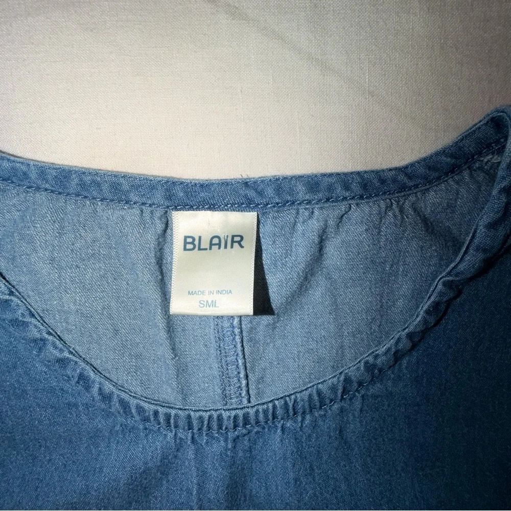 Denim Embroidered Floral Dress Blue Cottagecore Pockets Short Sleeve S - Picture 6 of 7